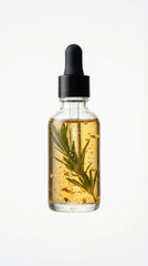 Dropper bottle with rosemary infused oil and suspended botanical particles
