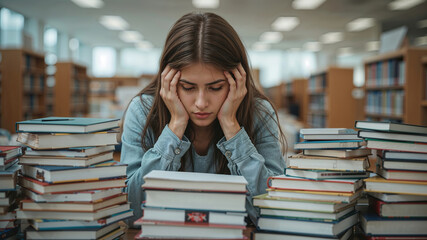 Stressed young woman surrounded by stacks of books in a library, overwhelmed with studying and research