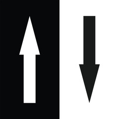 A white arrow points up on a black background next to a black arrow pointing down on a white background.