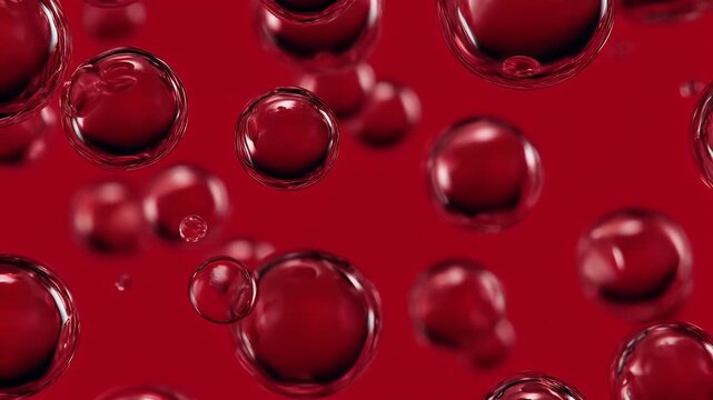 Red bubble close up transparent shiny smooth round liquid bubbles floating vibrant abstract red background creating dynamic energetic atmosphere with glossy translucent appearance and fluid motion