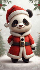 Cute panda dressed as Santa Claus with festive background and holly decorations for Christmas celebration