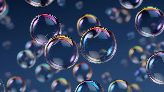 Transparent soap bubble floating with colorful rainbow reflections on dark blue background, creating light playful atmosphere with round sphere and vibrant color light effects