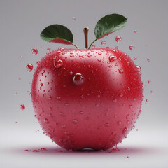 Fresh red apple with water droplets and green leaves on a light gray background