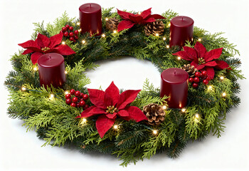 Festive Christmas wreath with red candles, poinsettia flowers, pinecones, berries, and glowing lights on a white background
