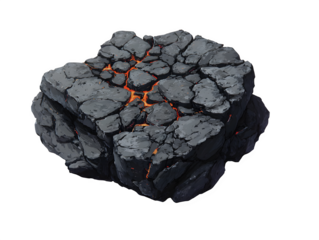 A large chunk of cracked and broken lava rock with glowing orange embers on a white background, symbolizing geological formation and natural disaster