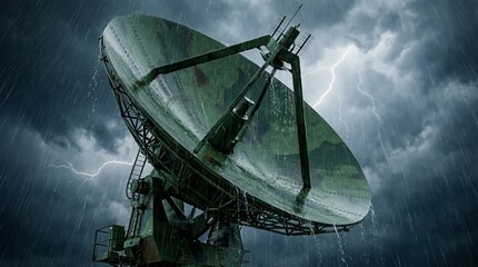 Satellite dish enduring thunderstorm with heavy rain and lightning strikes. Radar antenna in severe weather conditions. Communication technology and meteorology concept for broadcasting and signal