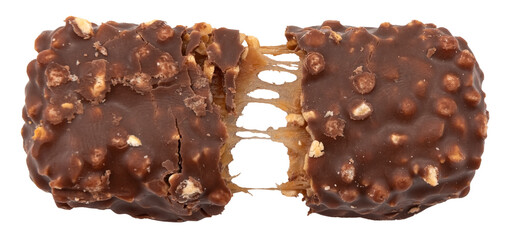 Bar with peanuts, hazelnuts, caramel and chocolate on a white background. View from above. Nut bar isolate. Sugar