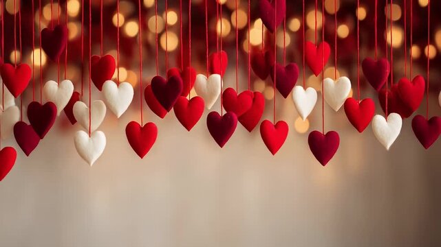 Soft fabric heart decorations in red white burgundy hanging on string with warm glowing lights creating cozy romantic love atmosphere perfect for celebration event