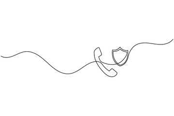 Obraz premium Continuous line drawing of a phone receiver and shield for security and protection concept