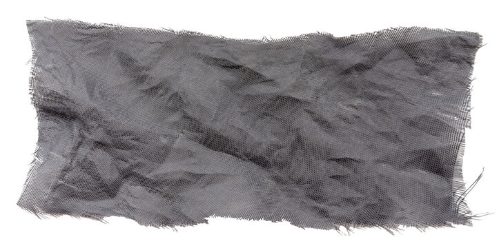 A piece of torn black fabric on a white background. Textile isolate