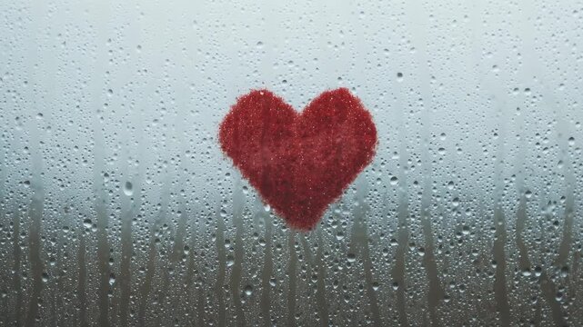 Red heart shape water droplet condensation on foggy glass rainy window wet surface symbolizing love emotional romantic mood blurred background moisture texture tender atmosphere warmth cozy feelings