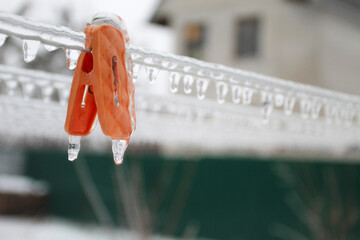 Frozen Clothespin on an Icy Clothesline