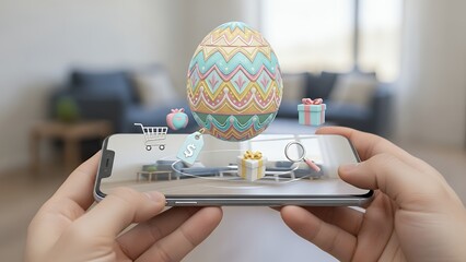 Hands hold phone showcasing AR commerce with a colorful 3D Easter egg and floating shopping icons, concept for holiday retail promotion, digital advertising and virtual event marketing