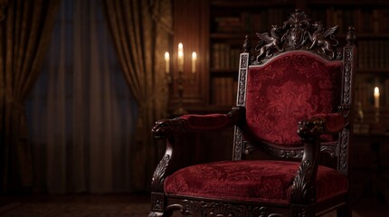 Ornate red velvet armchair in antique library. Luxurious victorian chair with carved wooden details in dimly lit study. Cozy reading space with bookshelves and candlelight evoking gothic elegance and