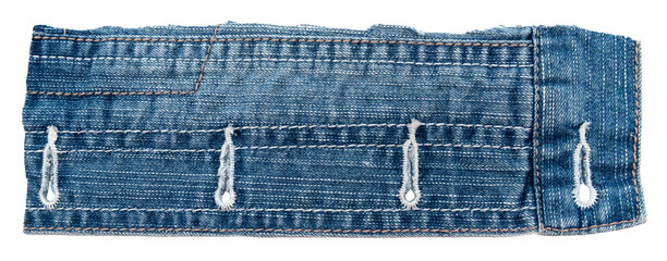 Piece of torn denim on a white background. Denim texture