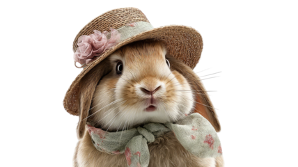 A cute fluffy white baby bunny and a small brown domestic rabbit sitting in a hat and a cap, isolated on a white background as adorable furry pets