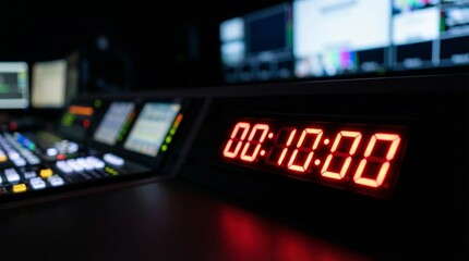 Broadcast studio countdown clock displaying 00:10:00. Video production control room with multiple screens and panels. Television timing and live media broadcast concept
