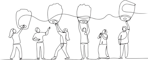 people releasing sky lanterns during chinese festival continuous.one line  vector illustration  with out background © Hossen
