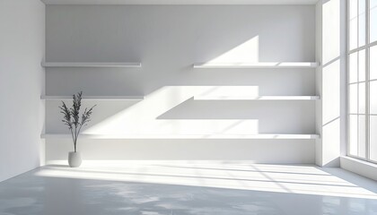 Fototapeta premium Empty White Minimalist Interior Shelving With Bright Daylight Casting Shadows