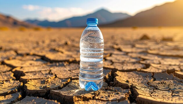 Discarded plastic water bottle stands on cracked dry earth under harsh midday sun with mountains in background