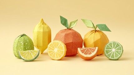 Colorful Paper Fruit Display with Oranges, Lemons, and Limes