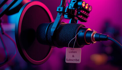 A professional microphone setup with a 'Listen & Subscribe' note in a recording studio