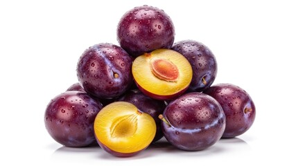 A pyramid of plums with one cut open to reveal the yellow interior.