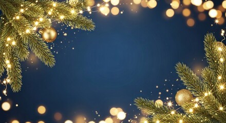 Christmas tree branches with lights and ornaments against a dark blue background.