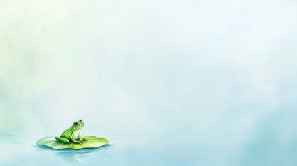 Tranquil Frog on Green Lily Pad in Serene Water Background