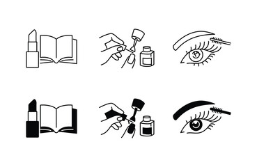 Beauty Cosmetic line icon set cream, mirrors, eyelashes, mascaras, lipsticks, lips, eyeshadow, hair dryer, manicure, perfume, lotion, brushes, powder.Editable stroke, cosmetics 