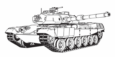 Obraz premium Realistic armored tank outline drawing, military tracked vehicle line art, black and white technical illustration