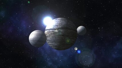 Animated ad. Multiple rocky planets aligned in star system with bright sun. Concept of astronomy education materials, science articles, space scale illustrations, and academic presentations.