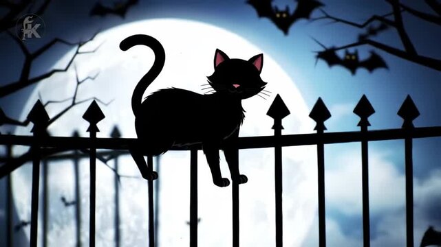 Halloween Night Scene with Black Cat and Full Moon