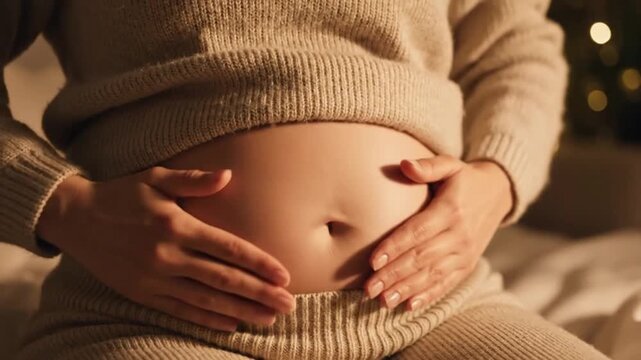 Pregnant woman in cozy sweater cradling belly in warm home setting