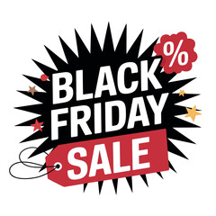 Black Friday sale burst features bold text on a red tag and spiky black background shape.