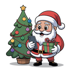 Santa Claus holds a smartphone and a wrapped Christmas present near a decorated tree.