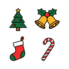 Four simple Christmas icons including a tree, bells, stocking, and candy cane are displayed.