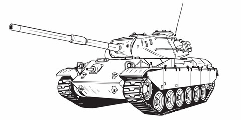 Modern battle tank vector illustration, armored military vehicle line art, monochrome, Realistic armored tank outline drawing, military tracked vehicle line art, black and white technical illustration