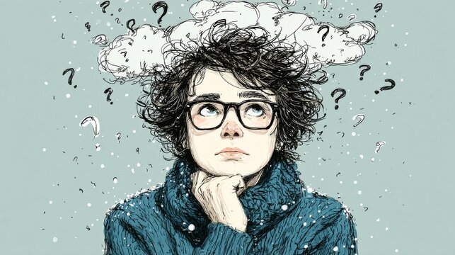 Confused person with question marks pondering a difficult problem.