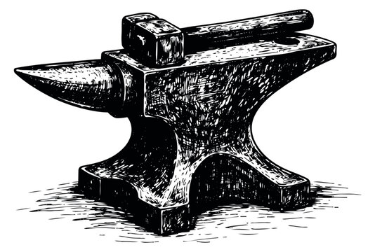 Hand drawn line art illustration of an anvil and hammer depicting traditional blacksmith tools for metalworking and craftsmanship
