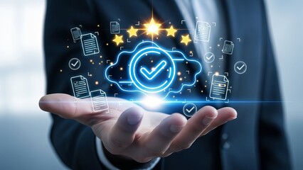 Businessman presenting cloud computing concept with checkmark and documents