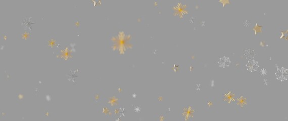 Abstract winter background with falling snowflakes and stars in gold and silver, festive design.