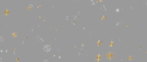 Abstract festive background with gold stars and snowflakes over a soft gray backdrop. Ideal for wint