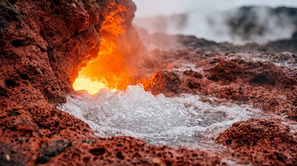 Lava glowing from red rocky crevice with bubbling water. Volcanic hot spring eruption in geothermal landscape. Natural earth phenomenon of magma and steam interaction.