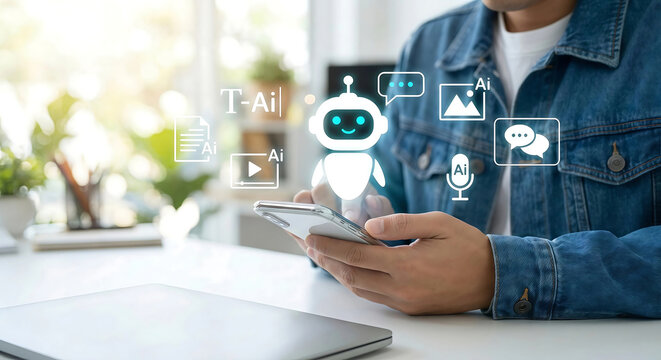 Young professional using mobile AI chatbot assistant for content creation and multimodal artificial intelligence tasks like video and image generation.