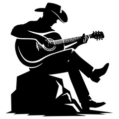 Black silhouette cowboy playing guitar on rock white