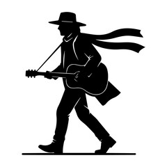 Black silhouette of a man in a hat and scarf walking and playing an acoustic guitar person male