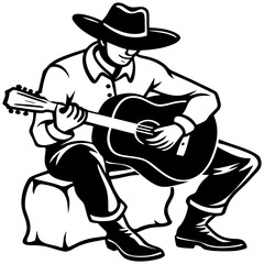 Cowboy playing acoustic guitar sitting on a rock music