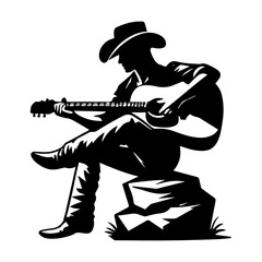 Cowboy playing guitar sitting on rock music