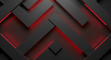 Abstract Geometric Composition - Dark Gray Blocks with Red Glowing Accents.